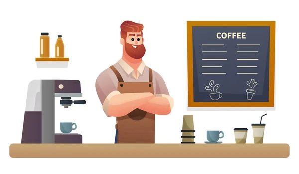 Barista Karakter Bij Coffeeshop Teller Illustratie — Stockvector