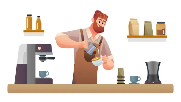 Barista Kocht Kaffee Coffeeshop Tresen Illustration — Stockvektor