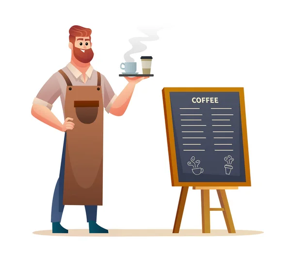 Barista Standing Menu Board While Carrying Coffee Tray Illustration — Stock Vector
