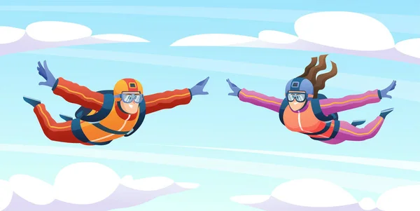 空を飛び跳ねる男と女 パラシュートスカイダイビングのイラストを行うカップル — ストックベクタ
