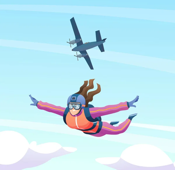 女性のスカイダイバーは飛行機からジャンプし 空のイラストでスカイダイビング — ストックベクタ