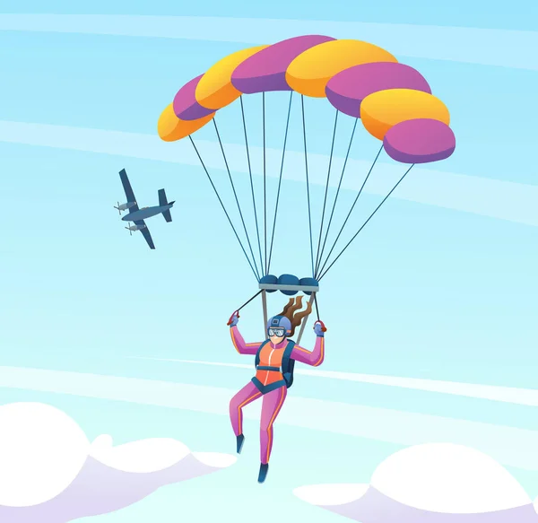 女性跳伞跳伞者 带着飞机在天空中的卡通画 — 图库矢量图片