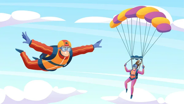 Fallschirmspringen Und Fallschirmspringen Den Himmel Illustration — Stockvektor