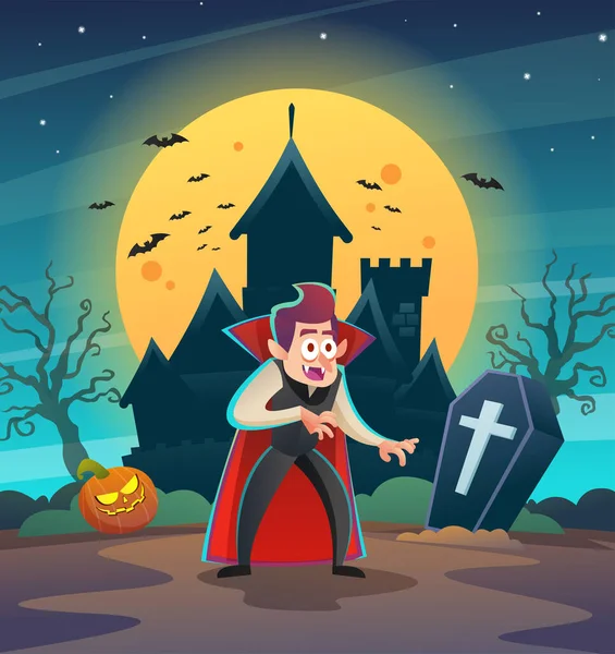 Glad Halloween Dracula Vampyr Karaktär Med Mörk Natt Slott Och — Stock vektor