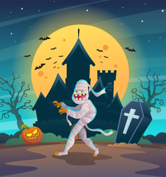 Glad Halloween Mumie Karaktär Med Mörk Natt Slott Och Månen — Stock vektor