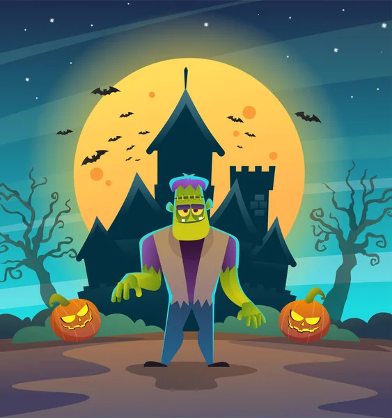 Glad Halloween Frankenstein Monster Karaktär Med Mörk Natt Slott Och — Stock vektor