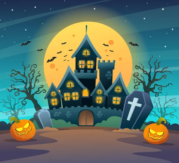 Castillo Oscuro Con Calabazas Halloween Concepto Noche Luna Ilustración Dibujos — Vector de stock