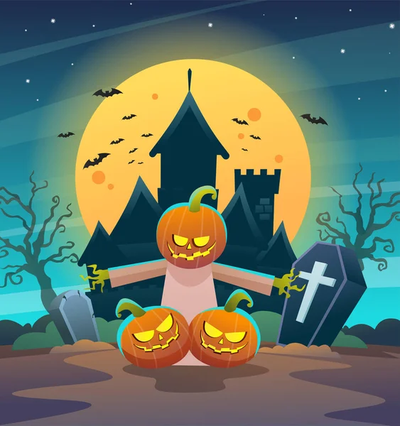 Happy Halloween Citrouilles Épouvantail Personnage Avec Sombre Nuit Château Lune — Image vectorielle