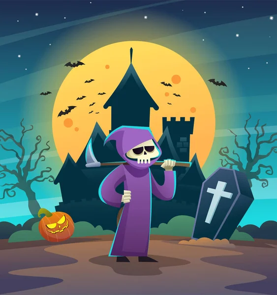 Szczęśliwy Halloween Śmierć Żniwiarz Charakter Gospodarstwa Kosa Ciemnej Nocy Zamek — Wektor stockowy