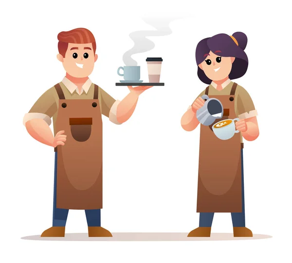 可愛いです男性バリスタを運ぶコーヒーと女性バリスタ作るコーヒーキャラクターセット — ストックベクタ