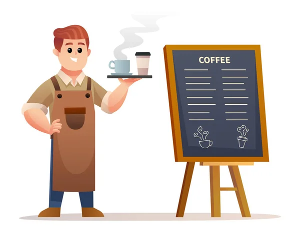 Roztomilý Barista Stojící Jídelního Lístku Při Nošení Kávy Podnosem Ilustrace — Stockový vektor