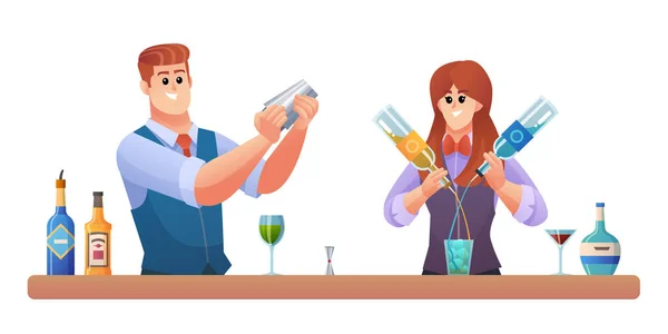 Mann Und Frau Barkeeper Charaktere Mischen Getränke Konzept Illustration — Stockvektor