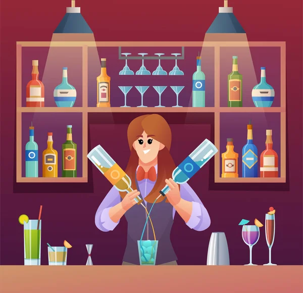 Mulher Bartender Misturando Bebidas Bar Contra Conceito Ilustração — Vetor de Stock