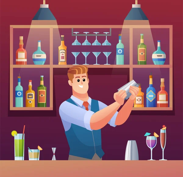 Barmen Bar Tezgahında Içkileri Karıştırıyor — Stok Vektör