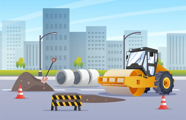 Steamroller Compactor Asphalting Highway Construction Urban City Illustration — Stock Vector