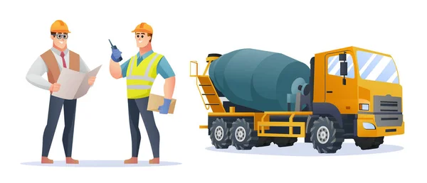 Stavební Mistr Inženýr Charakter Betonovým Mixér Truck Ilustrace — Stockový vektor