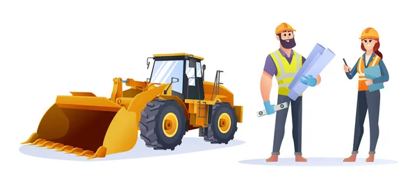 Male Female Construction Engineer Characters Wheel Loader Illustration — Stock Vector