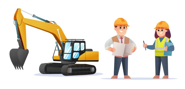 Cute Construction Foreman Female Engineer Characters Excavator Illustration — Stock Vector