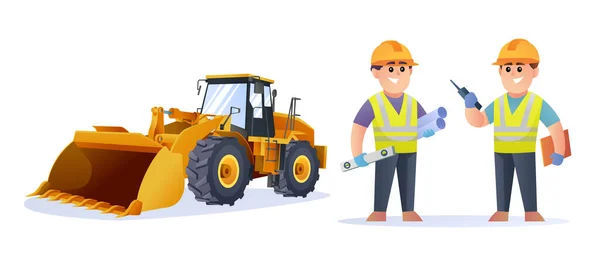Cute Construction Engineer Characters Wheel Loader Illustration — Stock Vector