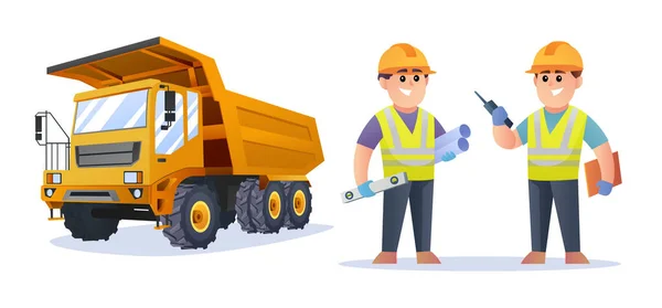Personagens Engenheiro Construção Bonito Com Ilustração Caminhão — Vetor de Stock