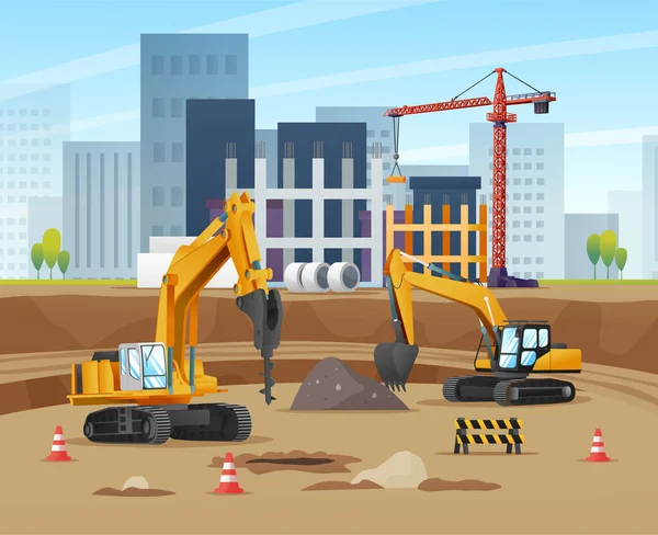 Construction Site Concept Excavators Material Equipment Cartoon Illustration — Stock Vector
