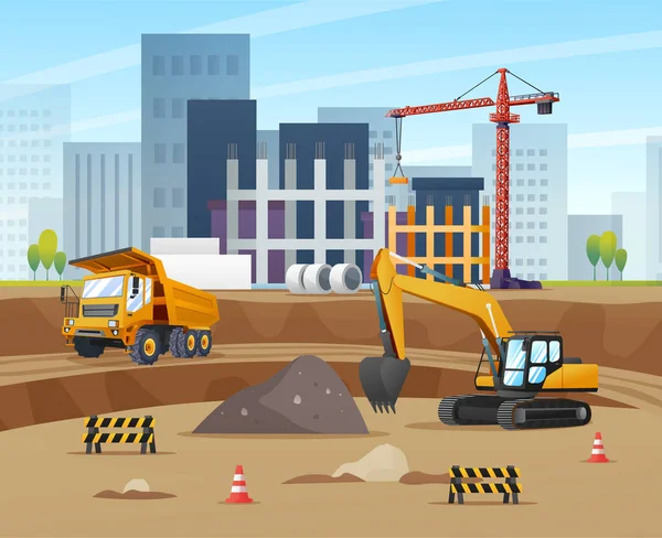 Conceptul Șantier Construcții Ilustrație Camioane Excavatoare Echipamente Materiale — Vector de stoc
