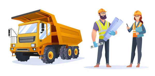Personagens Engenheiro Construção Masculino Feminino Com Ilustração Caminhão — Vetor de Stock