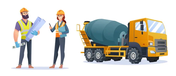 Personagens Engenheiro Construção Masculino Feminino Com Concreto Misturador Caminhão Ilustração — Vetor de Stock