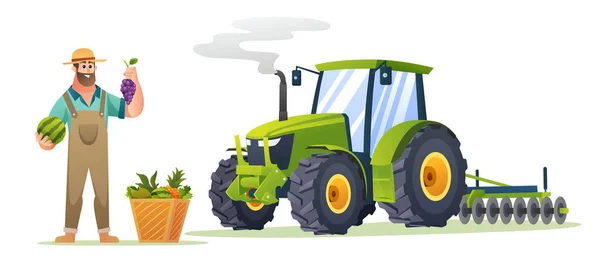 漫画のスタイルで新鮮な果物やトラクターと幸せな農家 収穫農家イラスト — ストックベクタ