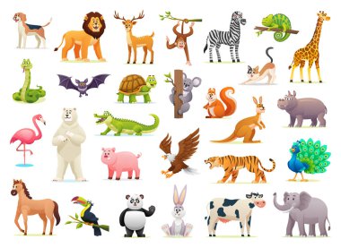 Collection of cute wild animal illustrations on white background clipart