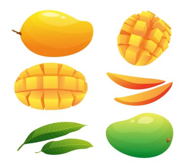 Mango meyvelerinin tamamı, yarısı ve kübik dilimler beyaz arkaplanda izole edilmiş.