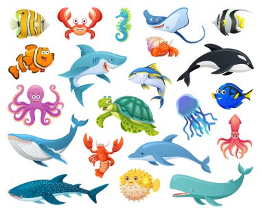 Set of fish and sea animals in cartoon style clipart