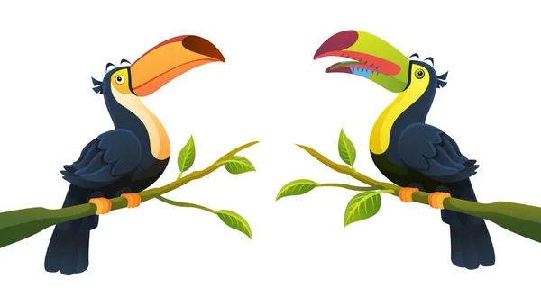 Collection Oiseaux Toucans Perchés Sur Branche Illustration Dessin Animé — Image vectorielle