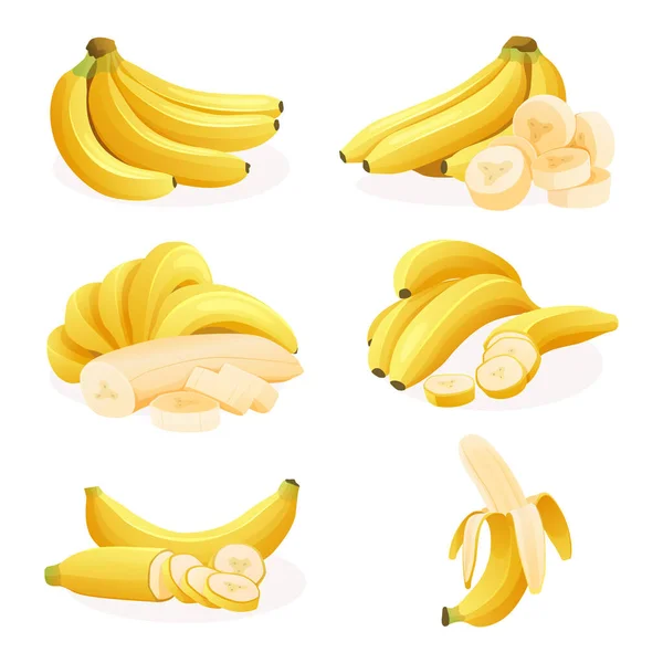 Set Fresh Banana Bunches Single Peel Cut Slice Illustration Isolated — Stock Vector