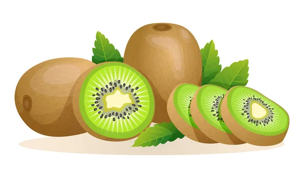 Set Aus Frischen Kiwi Früchten Ganz Die Hälfte Und Schneiden — Stockvektor