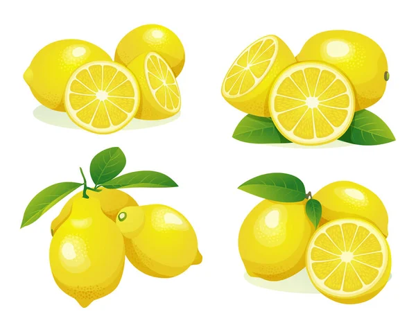 Set Limone Fresco Intero Mezzo Tagliato Illustrazione Isolato Sfondo Bianco — Vettoriale Stock
