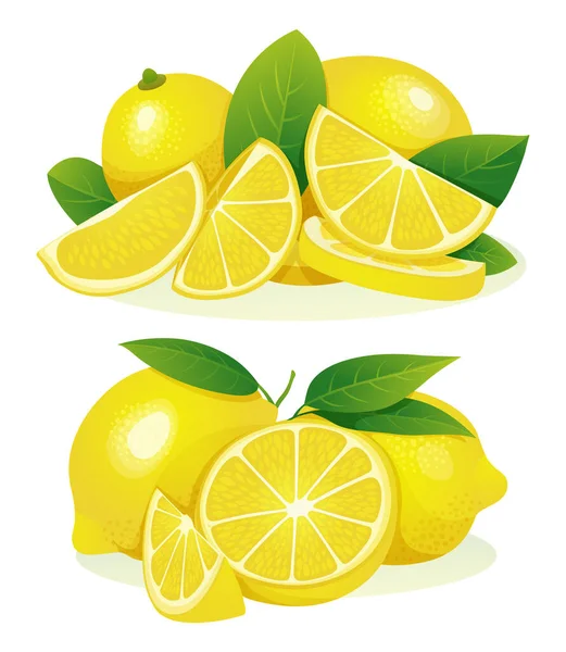 Set Lemon Segar Utuh Setengah Dan Irisan Dengan Daun Ilustrasi - Stok Vektor