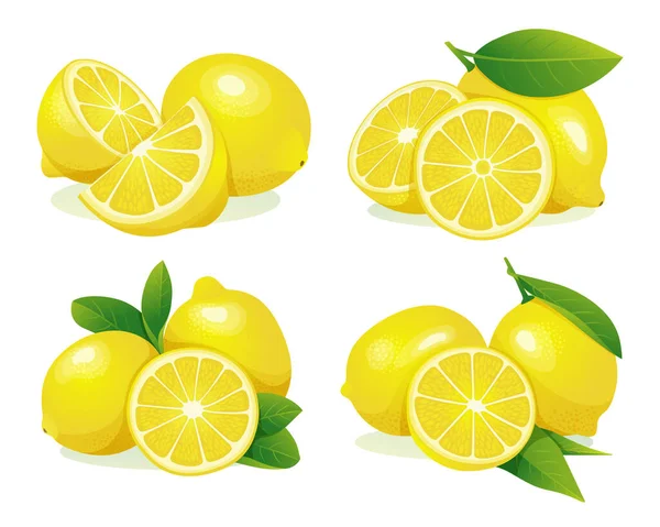 Set Limone Fresco Intero Mezzo Tagliato Con Illustrazione Foglie Isolato — Vettoriale Stock