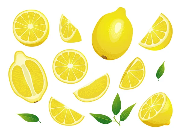 全体の新鮮なセット 半分と白の背景に隔離されたスライスレモンのイラスト — ストックベクタ