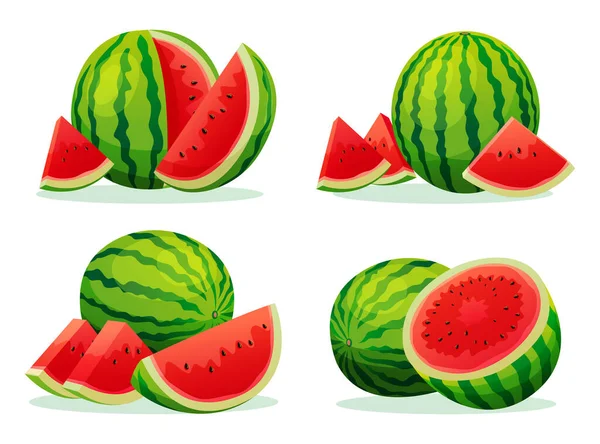 Uppsättning Färsk Saftig Vattenmelon Hel Hälften Och Skära Skiva Illustration — Stock vektor