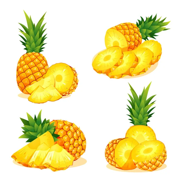 Set Fresh Whole Half Cut Slice Pineapples Illustration Isolated White — Stock Vector