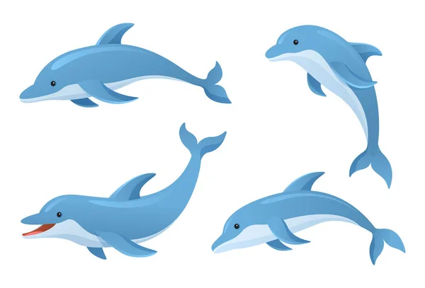 Χαριτωμένο Δελφίνια Διάφορες Στάσεις Εικονογράφηση Κινουμένων Σχεδίων — Διανυσματικό Αρχείο