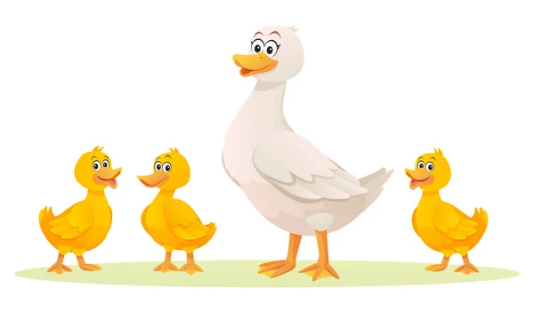 Duck Her Cute Ducklings Cartoon Illustration — Stock Vector