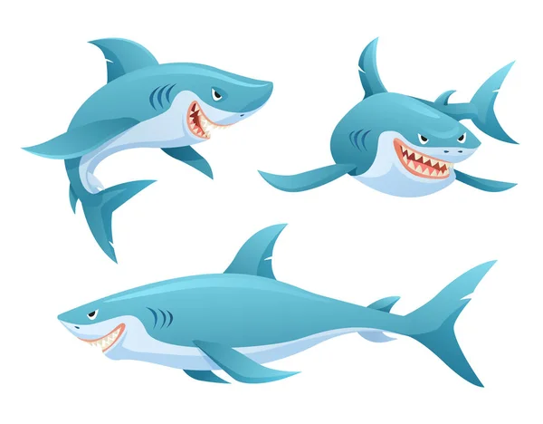 Sada Žraloka Různých Pózách Kreslené Ilustrace — Stockový vektor