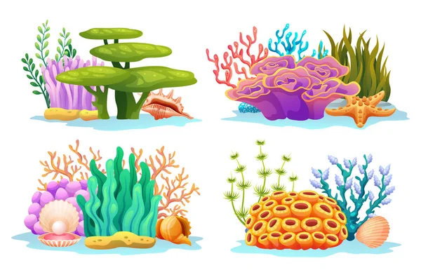 各类卡通画中色彩斑斓的海底珊瑚礁 海藻和海贝壳 — 图库矢量图片