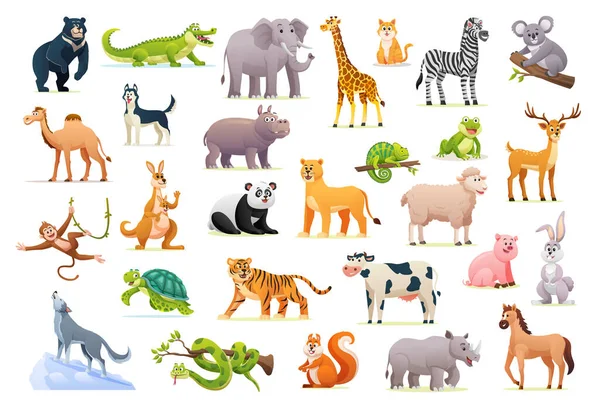 Set Cute Wild Animals Cartoon Style — Stock Vector