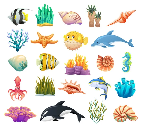 Σύνολο Ψαριών Θαλάσσια Ζώα Κοχύλια Και Κοραλλιογενή Ύφαλο Εικονογράφηση Κινουμένων — Διανυσματικό Αρχείο