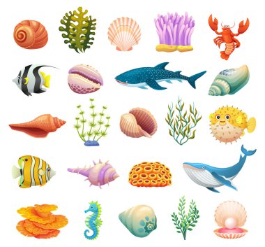 Set of sea life underwater icons cartoon illustrations clipart