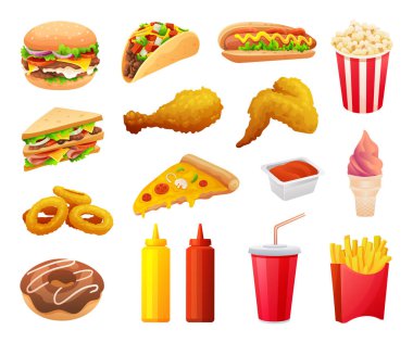 Çizgi film tarzında fast food ve içecek seti