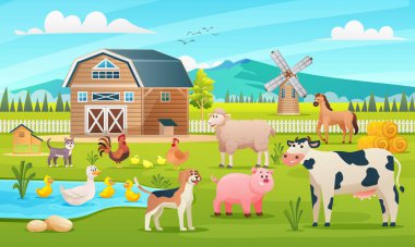 Çiftçilik arka planındaki çiftlik hayvanları çizimi